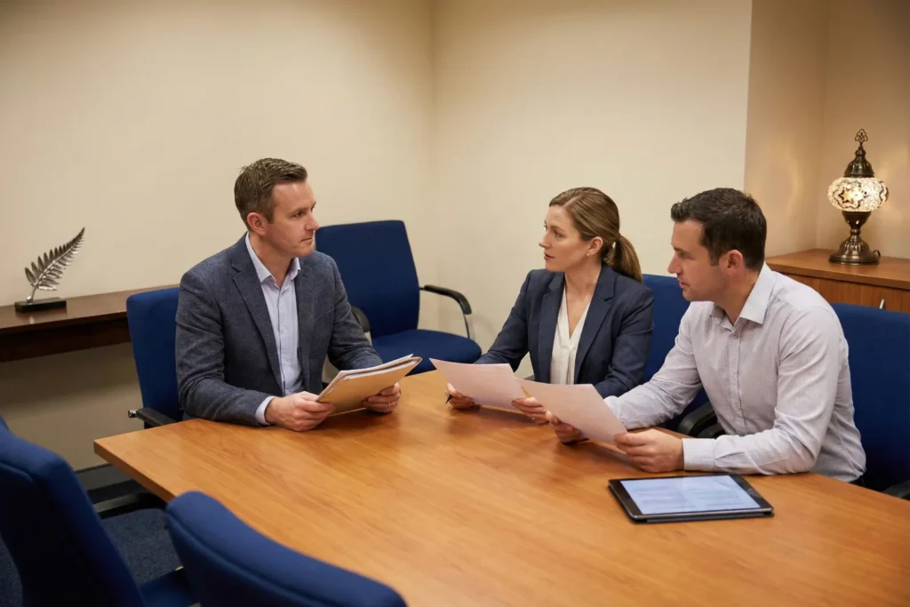 A man sits in a meeting room with a woman principal and a male recruiter as they review teaching documents and contract papers. The image shows a professional overseas teacher interview with attention to long-term commitment and regional hiring expectations.