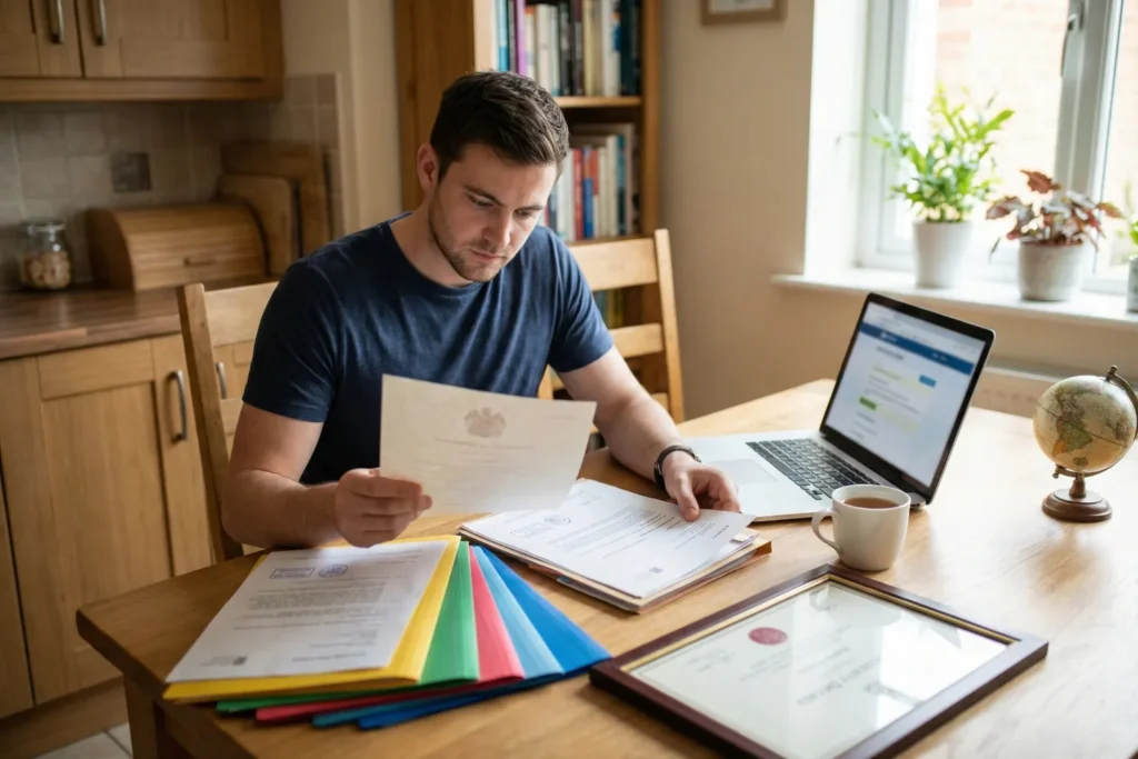 A man sits at a kitchen table with teaching certificates, registration papers, and colourful folders arranged neatly in front of him. The scene shows an overseas-trained teacher preparing documents for international school qualification checks.