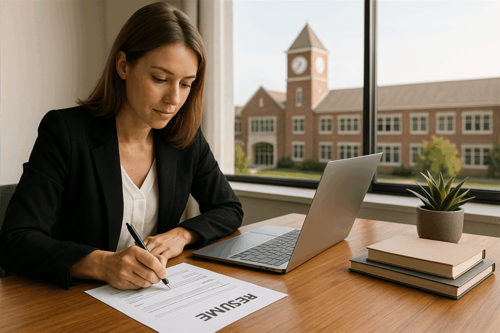 Teacher writing CV with school backdrop