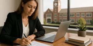 Teacher writing CV with school backdrop