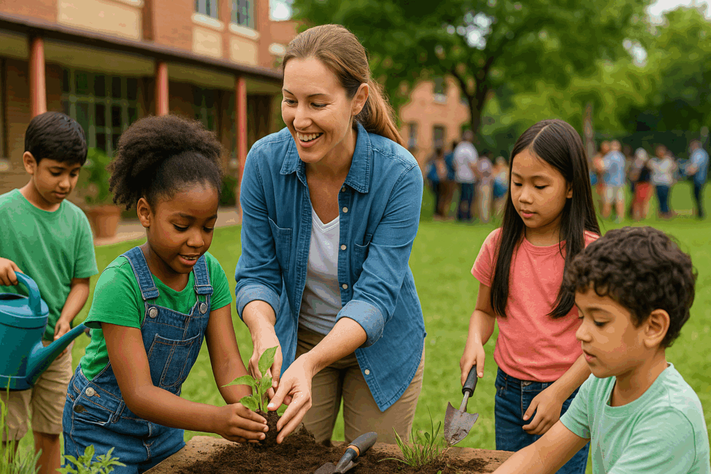 Teacher leading diverse students in community activity