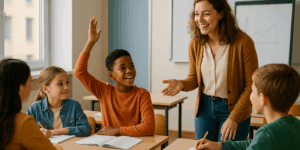 Teacher engaging diverse students in bright classroom