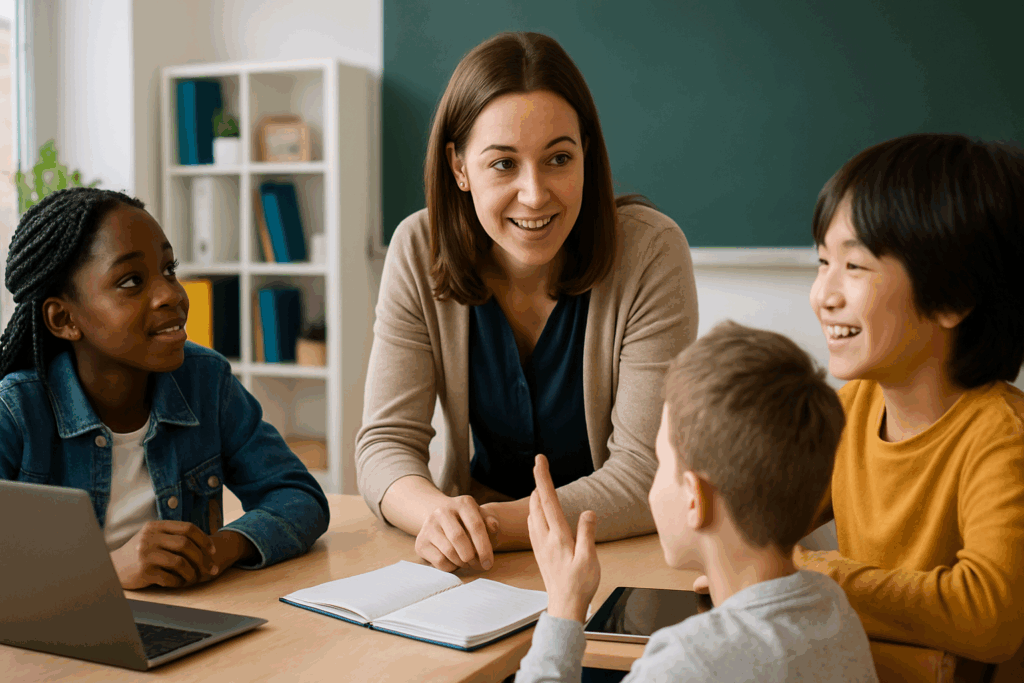 Teacher engaging diverse students in classroom discussion