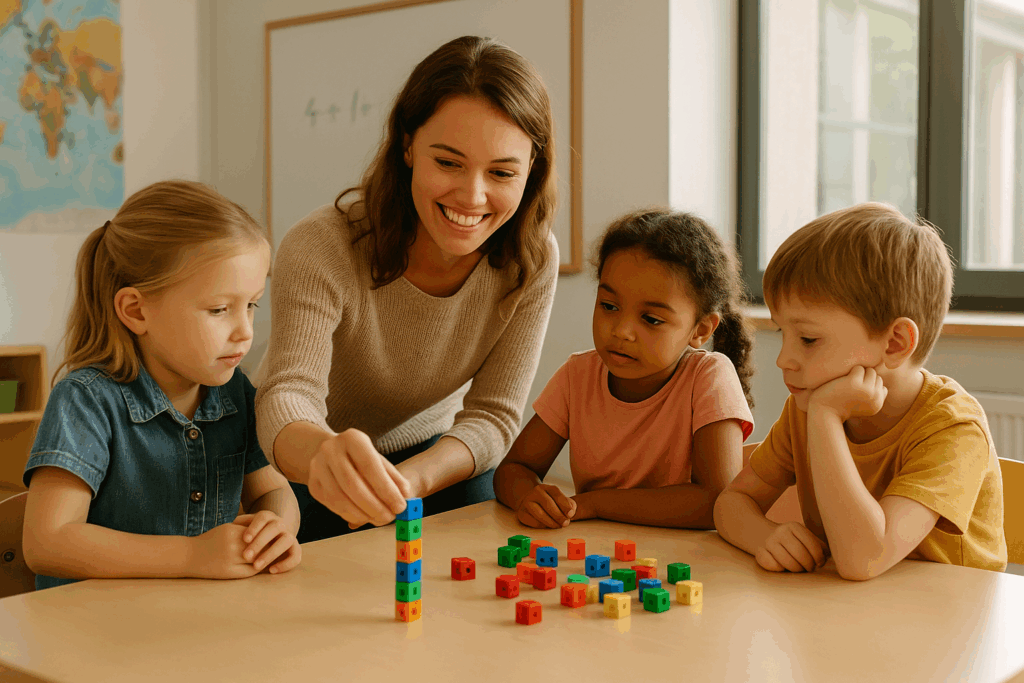Teacher helping children with counting blocks in class