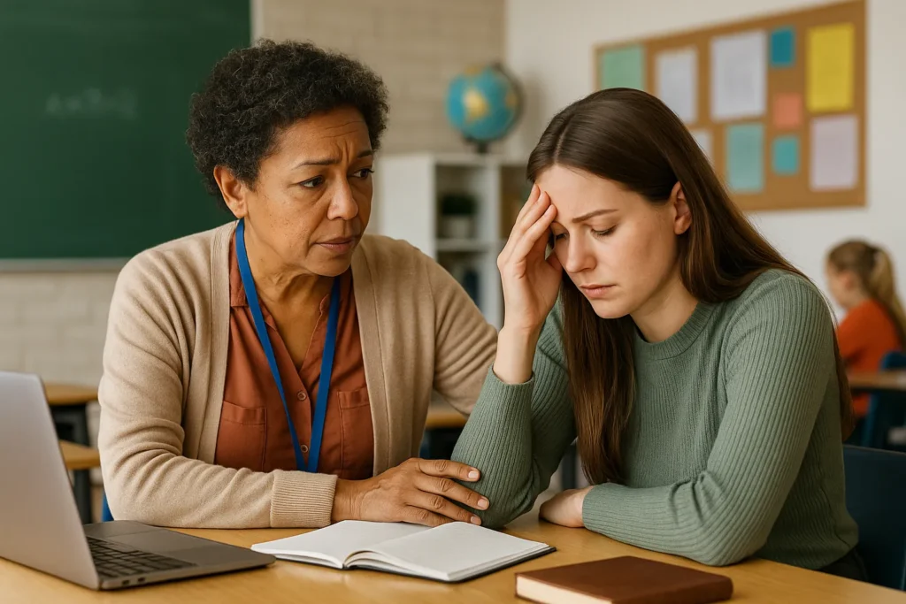 Supportive teacher comforting stressed colleague in classroom