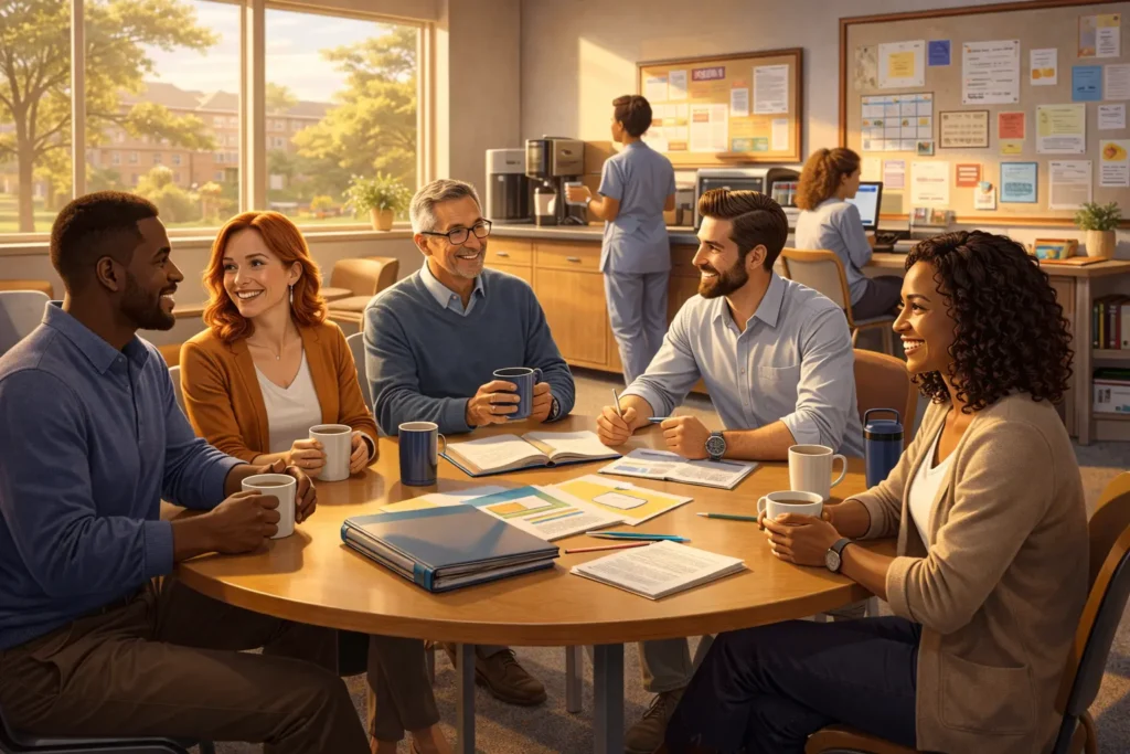 Teachers talking the staff room.