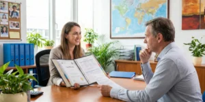 A woman sits in an interview with a man at an international school office, and her portfolio rests on the desk. The scene shows overseas teacher requirements through certificates, a world map, and a welcoming professional setting.